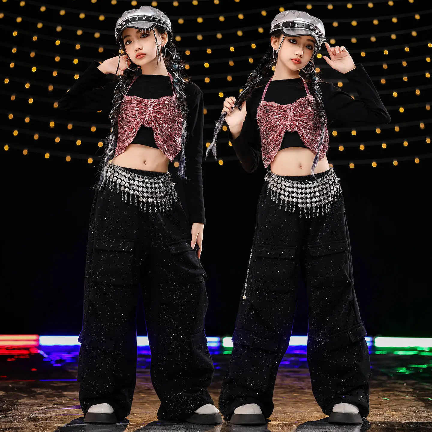 

Блестящий укороченный топ в стиле хип-хоп для девочек, брюки-карго с блестками, детский комплект одежды K-pop Jazz Stree для танцев, детская уличная одежда, групповой костюм для девочек
