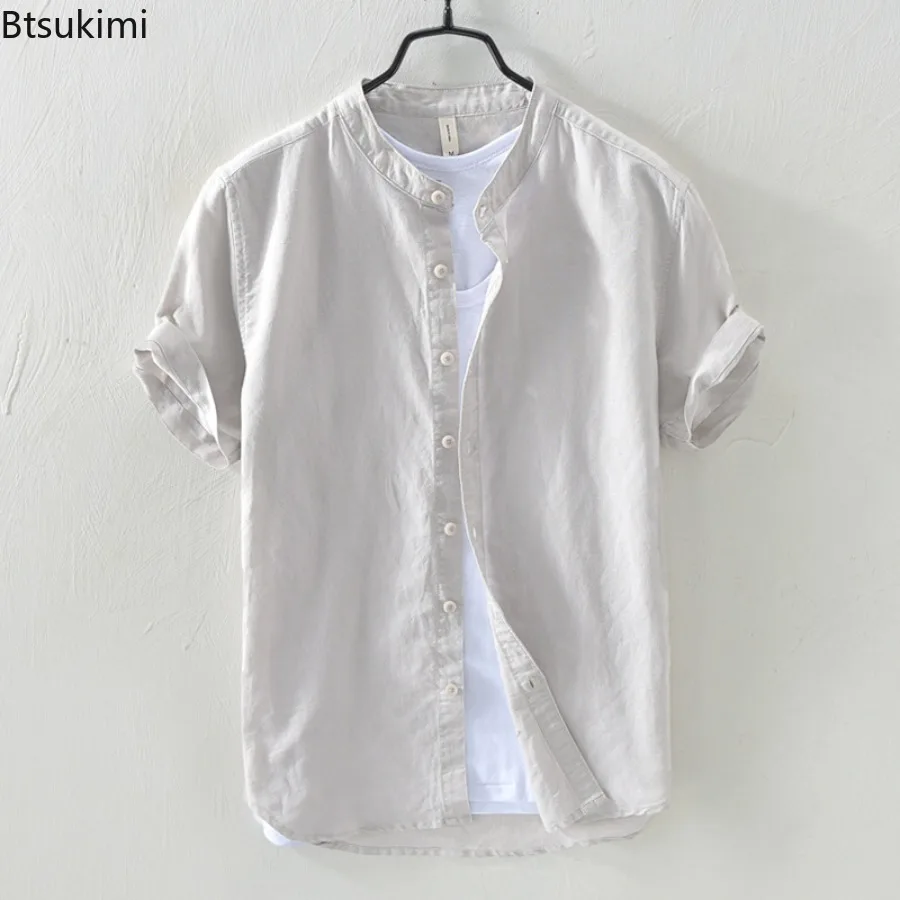 

2025 Cotton Linen Short Sleeve Shirts for Men Casual Fashion Solid Color Stand-up Collar Tops Male Summer Classic Basic Clothing