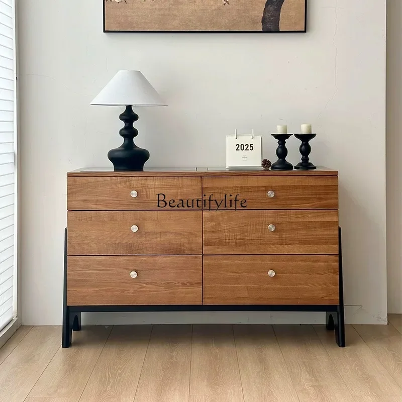 

Z.Medieval solid wood retro bedside cabinet, bedroom storage drawer, living room wall storage cabinet