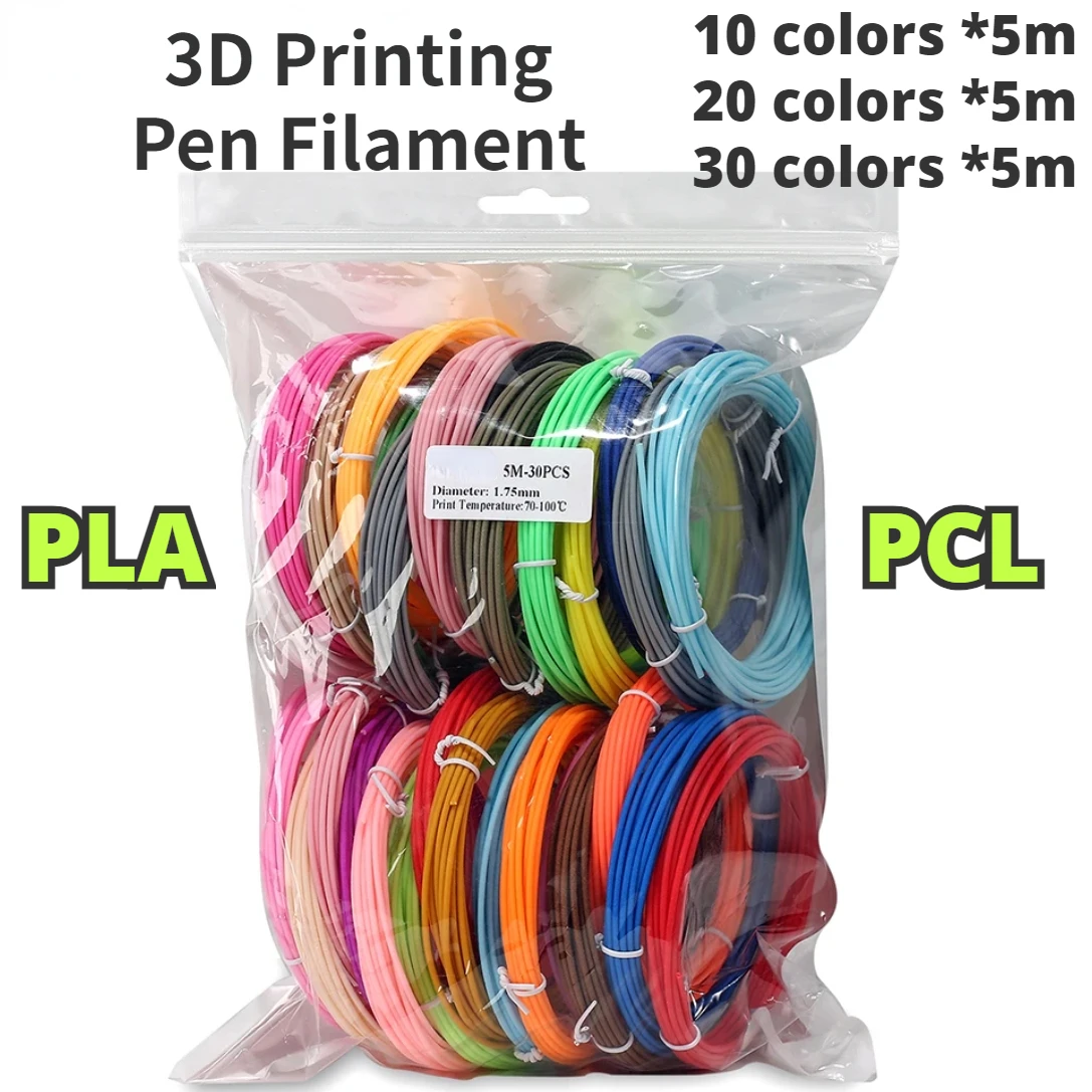 3D Pen Filament,1.75mm Printing Pen Refills, 10/20/30 Colors Filament Refills,PCL Low Temperature PLA Filament Refills, 5m Wire