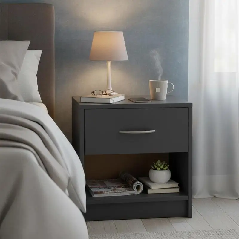 

Bedside Table Nightstand with Drawer and Open Storage Shelf-Gray