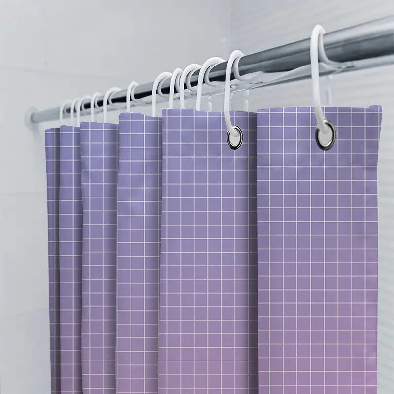 ‌Stylish Purple Grid Waterproof Shower Curtain Modern Bathroom Decor Water Repellent Fabric Easy to Clean with Hooks Included