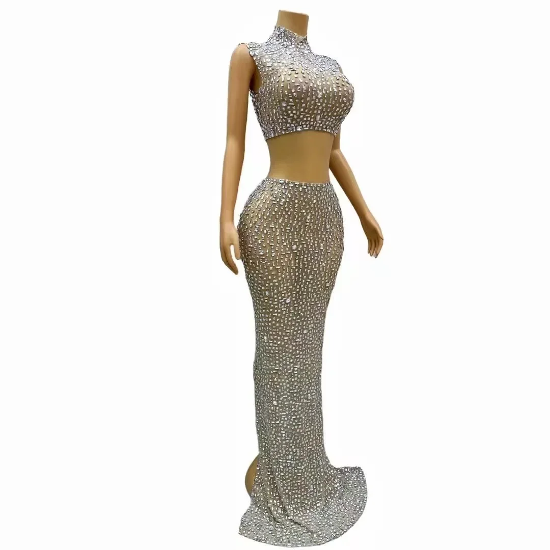 Sparkly Rhinestones Crop Top Long Skirt 2 Pieces Set Sexy Transparent Stretchy Celebrate Evening Prom Birthday Dress Photo Shoot