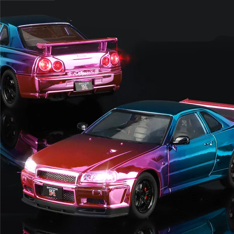 1:24 Skyline GT-R GTR R34 Metalowy Model Samochodu Sportowego z Odlewu, Elektroplaterowany, Model Wyścigowy z Dźwiękiem i Światłem, Zabawka dla Dzieci, Prezent