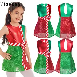 Kids Girls Christmas Candy Canes Dance Dress Stripe Sequin Leotard Skirted Dress New Year Party Dancewear Performance Costumes