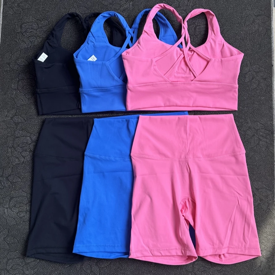 

Solid Color Women Gym Yoga Set High Impact Force Cross Back Strap Bra High Waist Sport Yoga Short Legging 2pc Sportwear Workout
