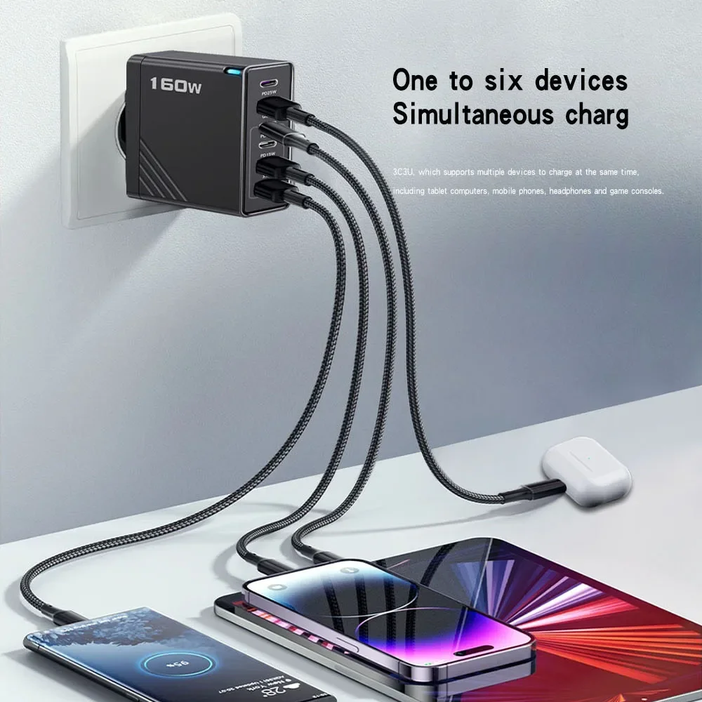 

3PD+3USB mobile phone charger 5V3.1A 6-in-1 European, American and British standard 160W multi port adapter charging head