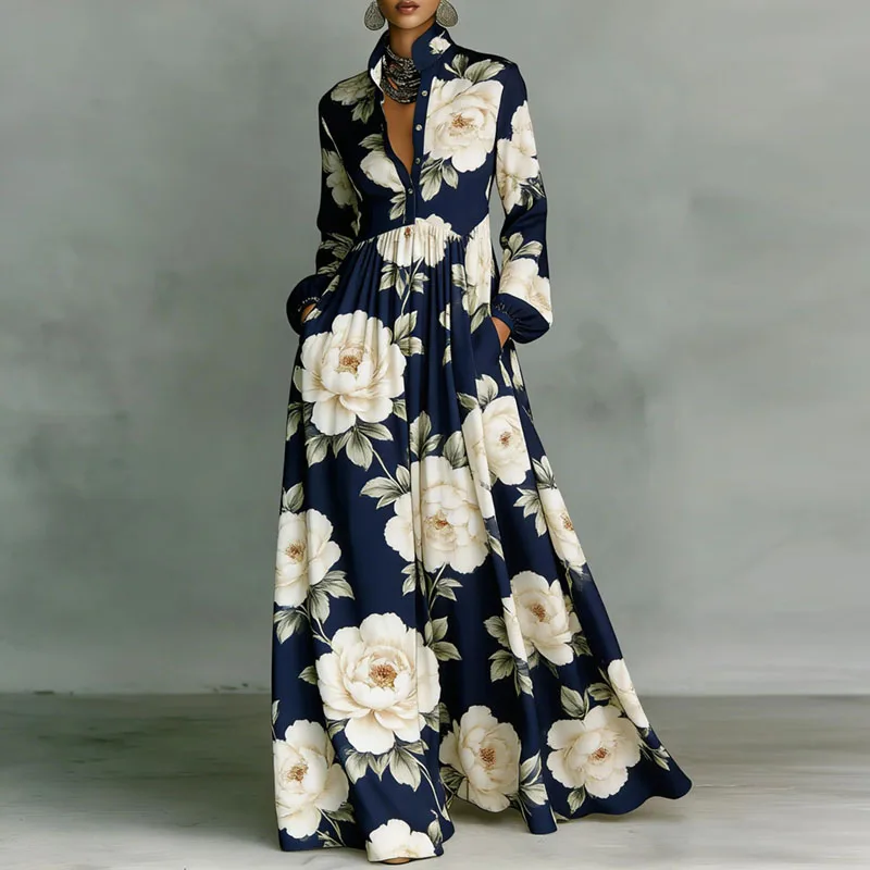 Retro Pattern Print High Waist Pleated Dress Woman Spring Shirt Collar Button Pockets Maxi Dress Long Sleeve Boho Vacation Dress - Image 6