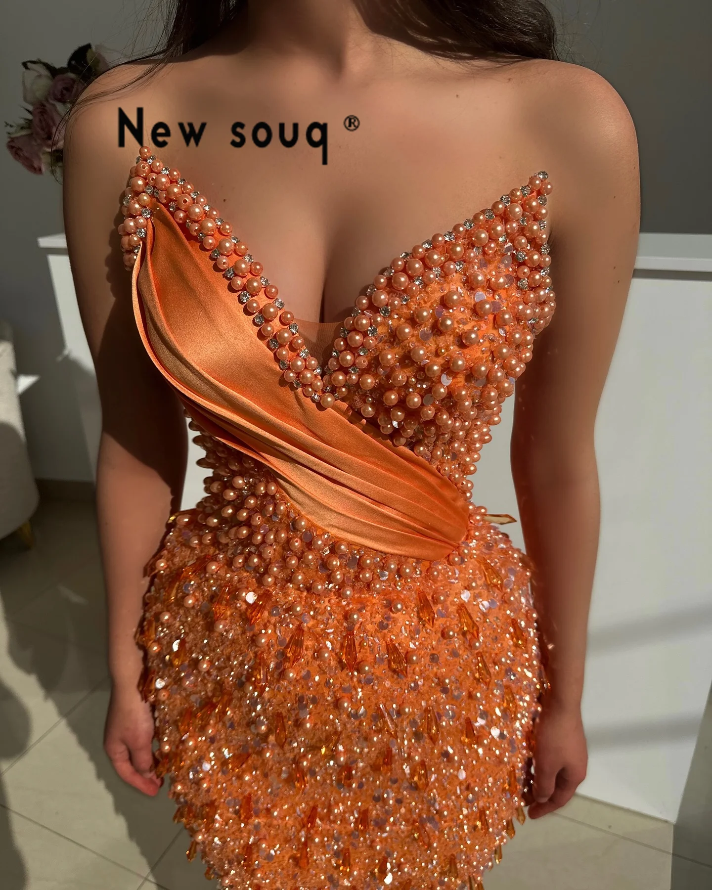 2025 Customized Orange Mermaid Prom Dresses Sweetheart Crystals Pearl Evening Gowns Birthday Engagement Dress Long Party Dresses