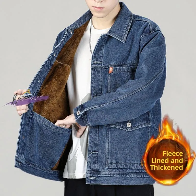 

Thiened Fce Lined Men's Denim Jaet Spring Autumn Super Thi Warm Cotton Jaet Loose Large Size Trendy Men's Coat