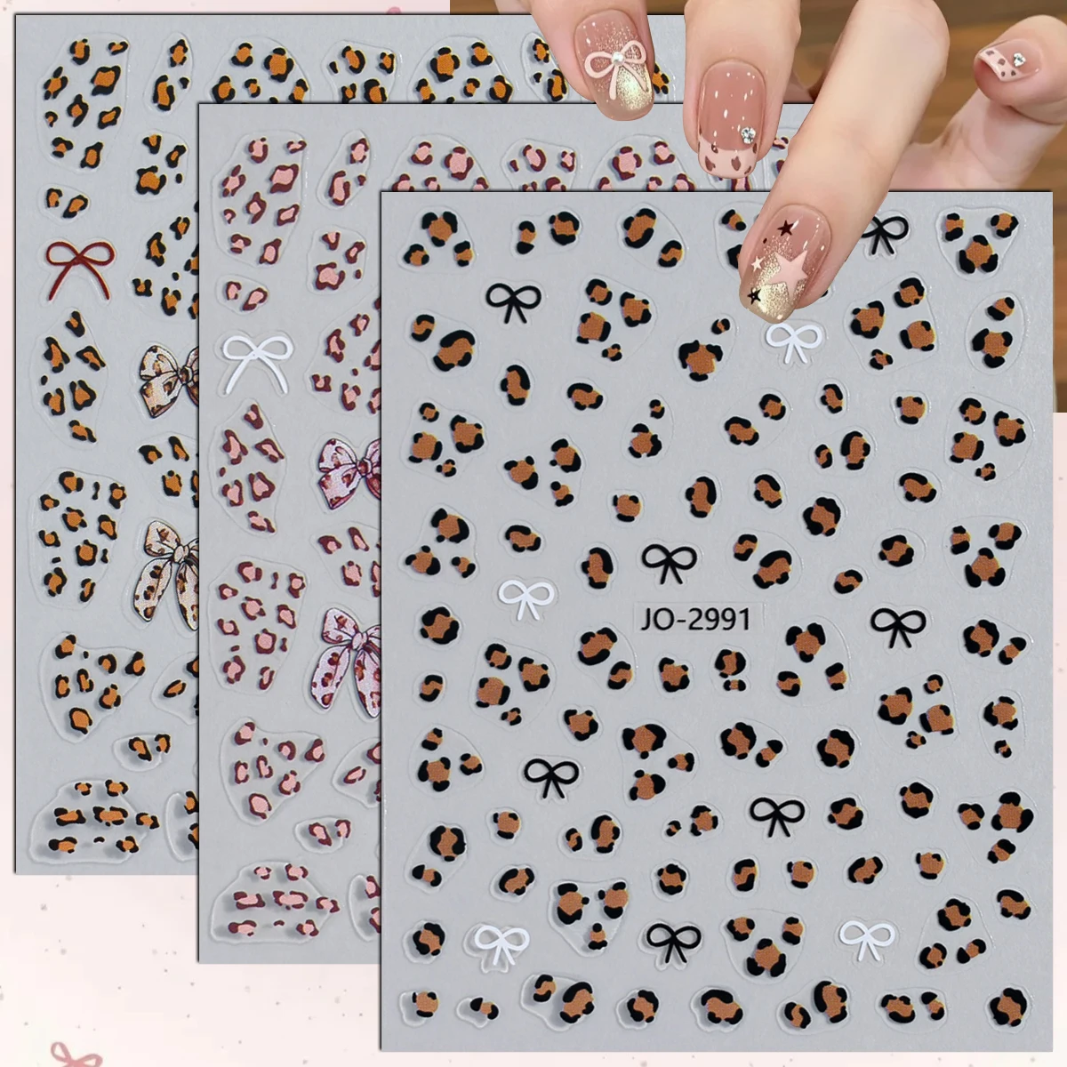 3/6/12 Sheets 3D Leopard Print Bow Nail Stickers Self-Adhesive Animal Print Nail Art Decals