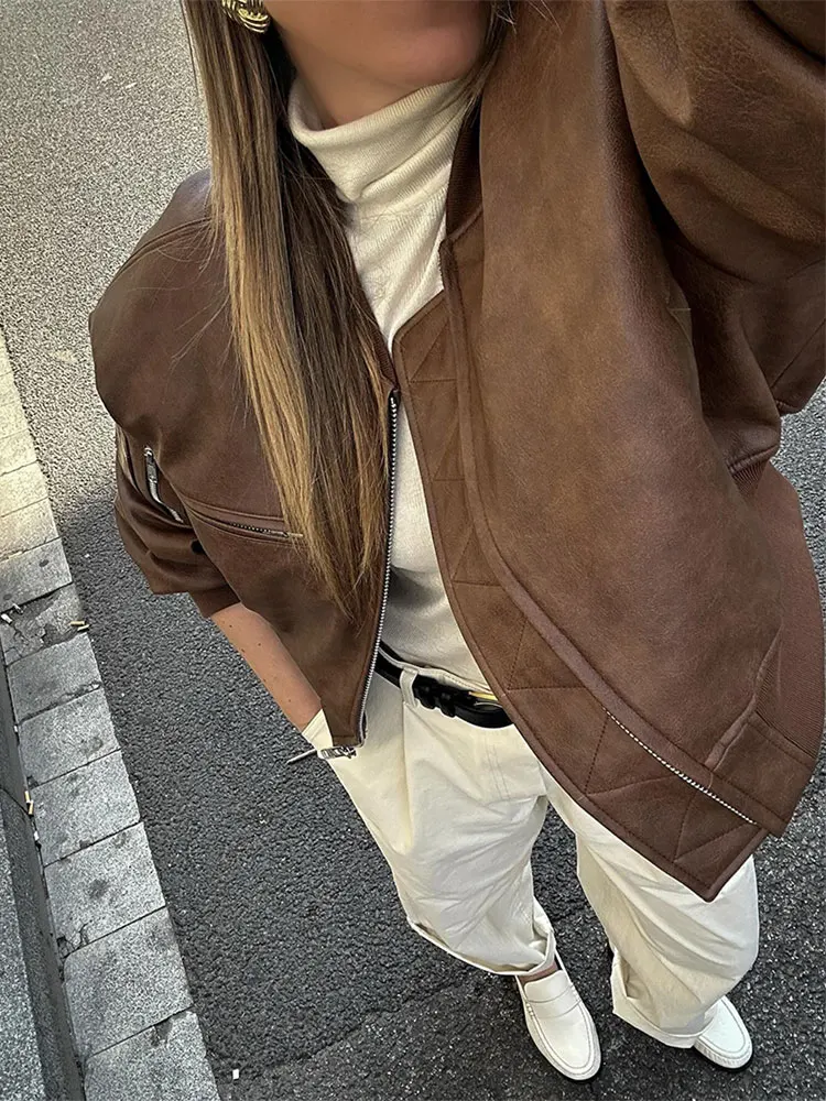 Retro Stand Collar Long Sleeve Zipper Leather Jacket Women Chic Pocket Solid Coat 2024 Cool Lady Street Motorcycle Outerwear