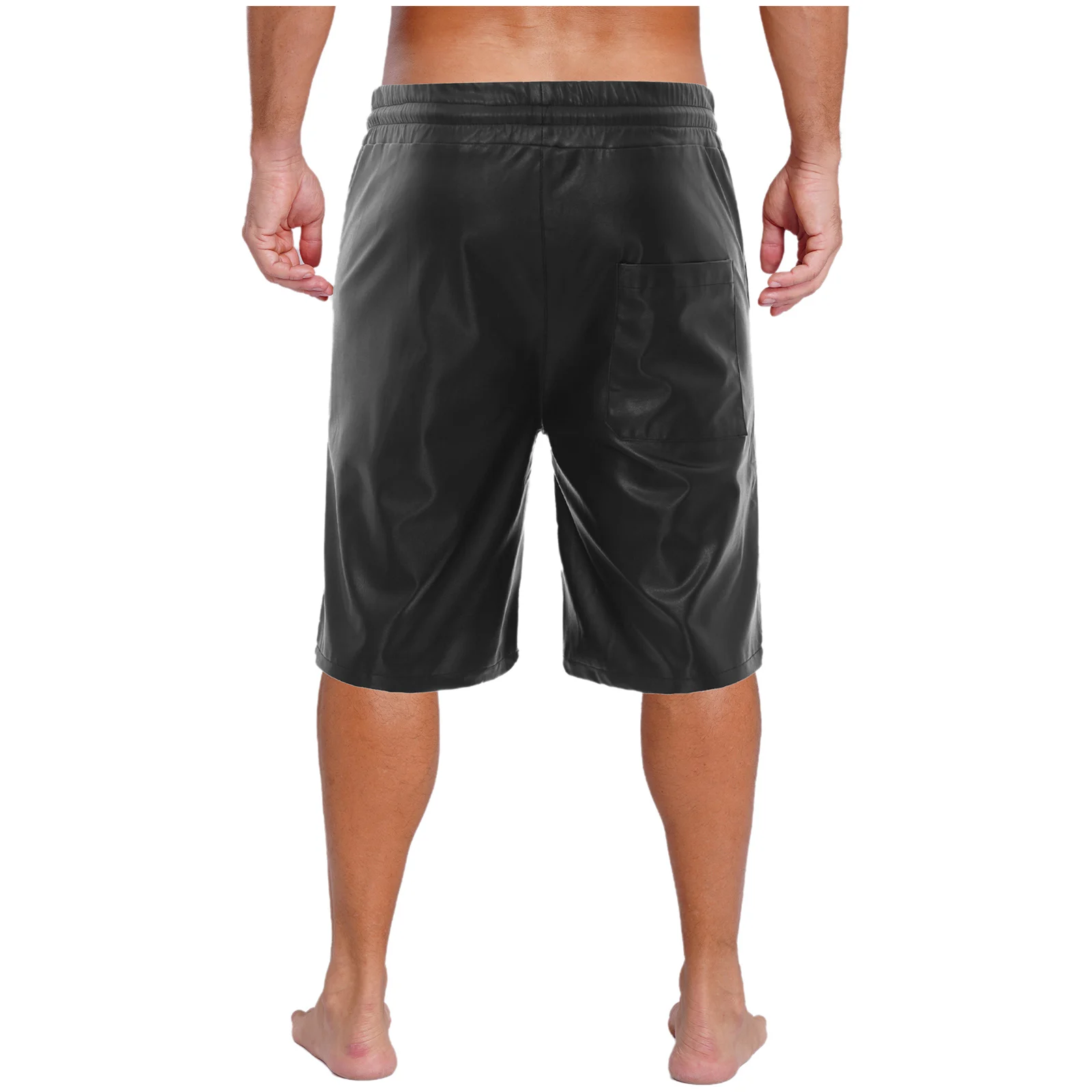 Calças masculinas na altura do joelho clubwear couro do plutônio calções de natação trunck cintura elástica larga cordão perna reta praia shorts