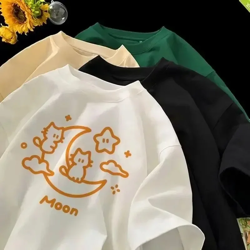 

Summer American Personality Street Casual Couple Large Size Short-sleeved 2025 Cartoon Cat Ins Printed Women's T-shirt Top