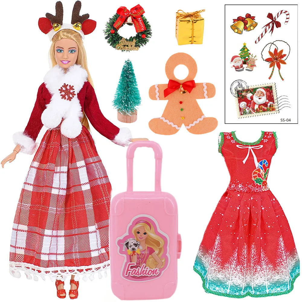 

8Pcs/set Christmas Accessories=2*Dresses+Luggage+Gingerbread Man+Wreath+Stickers+Tree+Gift Box,For 30CM Doll,Christmas Gift Girl