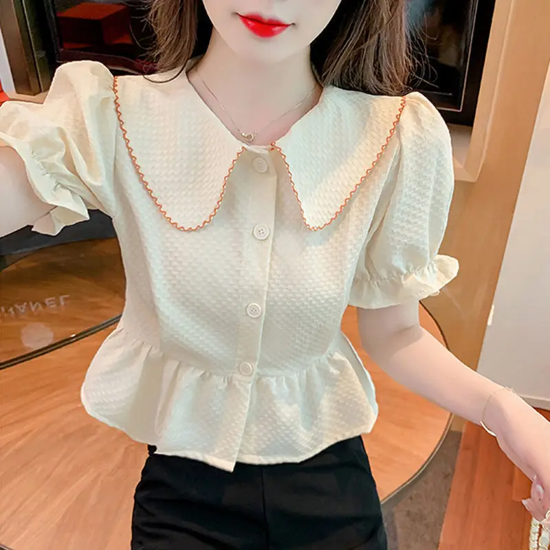 

Sweet Peter Pan Collar Spliced Ruffles Button Puff Sleeve Shirt Summer Chic Tops Elegant Loose Female Clothing Commute Blouse