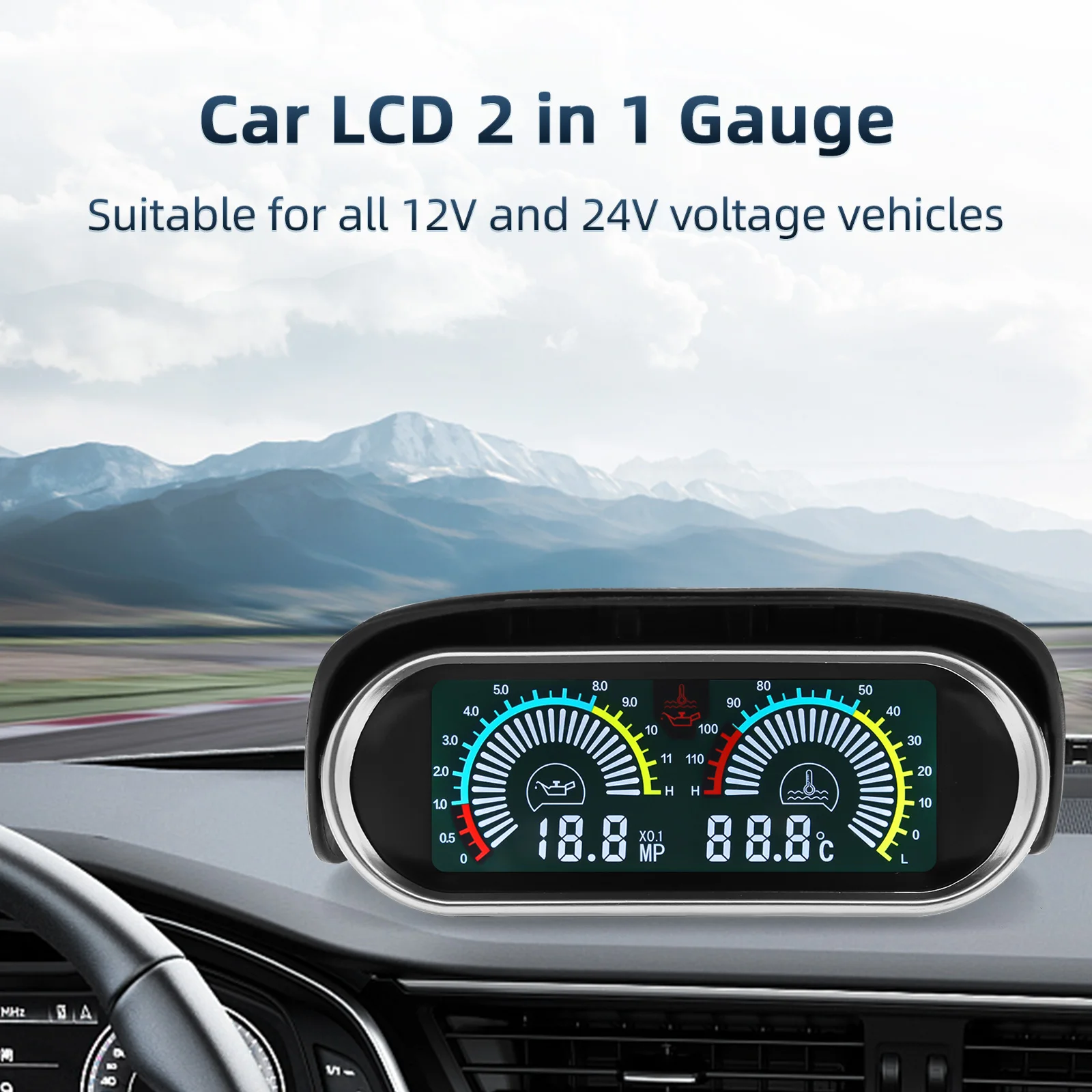 Car LCD 2In 1 Oil Pressure Gauge Water Temperature Meter Fuel Pressure Indicator with 1/8NPT Oil Press Sensor Adapter 26~40mm