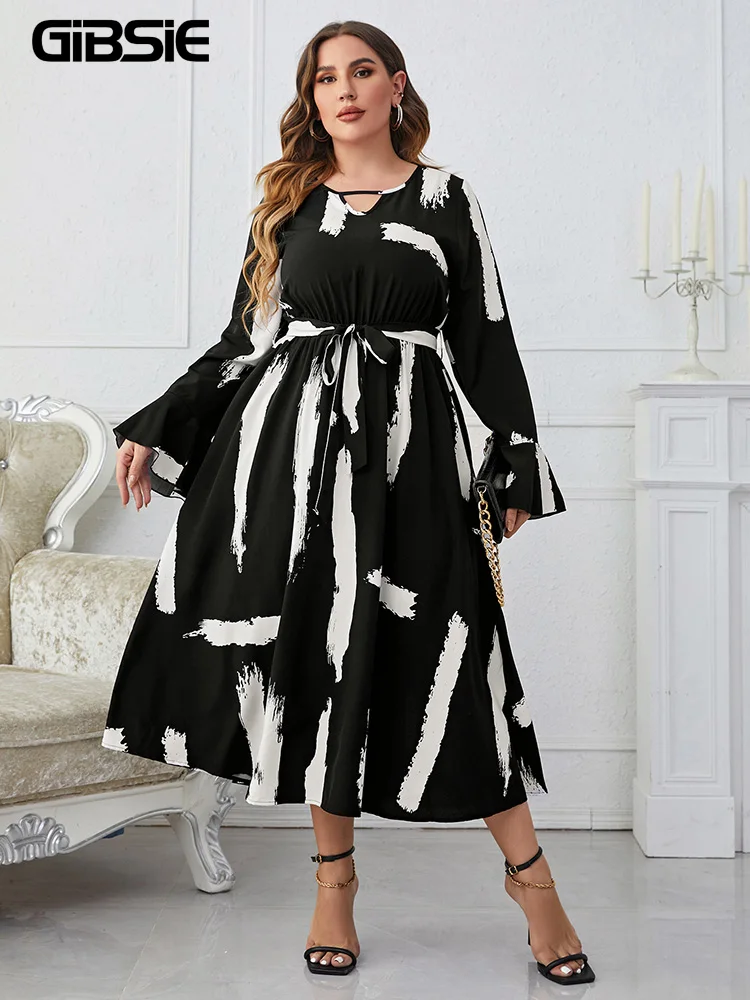 GIBSIE Plus Size Keyhole Neck Print Belted Dress Women Spring Full Flare Sleeve Elastic A-line Female Casual Long Dresses 2023