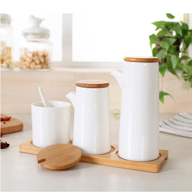 

3pcs Ceramic Seasoning Bottle Nordic Style Kitchen Seasoning Jar Set Wooden Lid Salt Shaker Seasoning Jar Kitchen Accessories