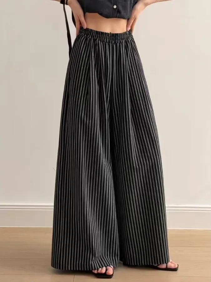 

Летние повседневные брюки больших размеров, женские свободные утягивающие широкие брюки длиной до пола, полосатые свободные брюки для груши