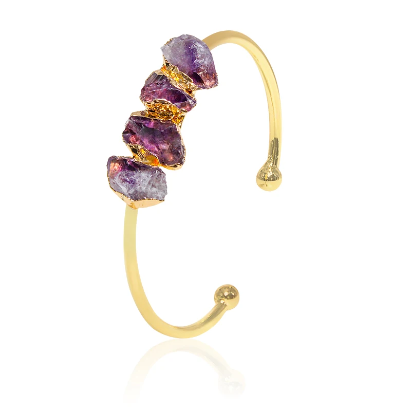 Irregular Amethyst Open Cuff Bracelet for Women Girls Gold Color Handmade Purple Crystal Stone Bangle