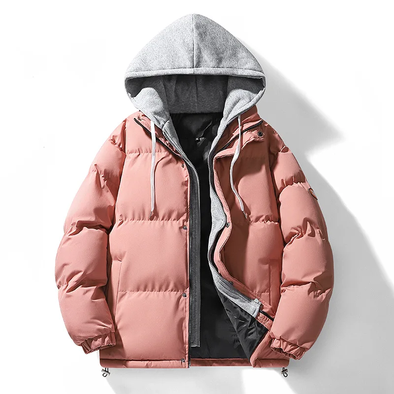 Autumn Winter Men's Fake Two Pieces Hooded Padded Jacket Large Size Loose Fashion Casual Thickened Cold Proof Warm Wadded Jacket