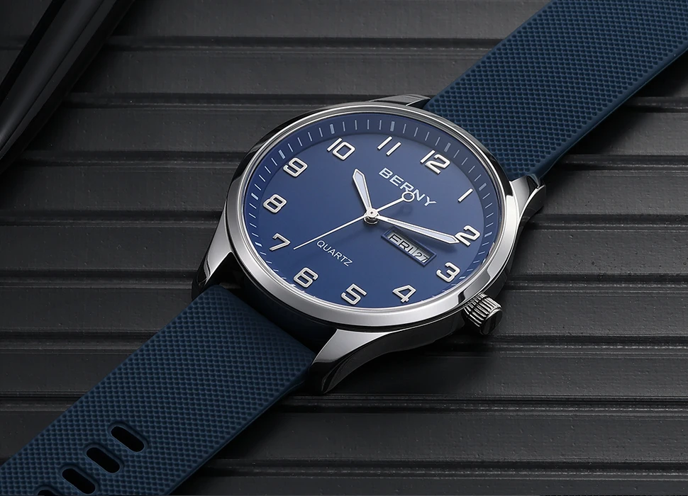 BERNY Uhren für Herren, Quarz, lässig, Sport, Herrenuhren, weiches Silikonarmband, großes Zifferblatt, Kalenderwoche, leicht ablesbare Armbanduhr – Detail 16