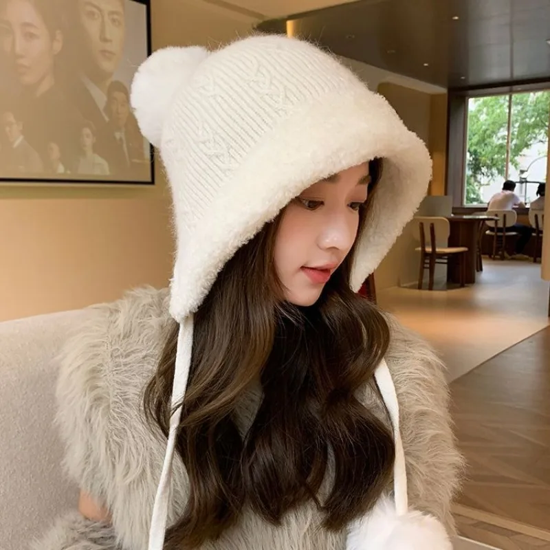 Korean Version Women Winter Cute Plush Warm Knitted Cap Versatile Plush Lace-up Ear Protector Hairball Temperament Bomber Hat