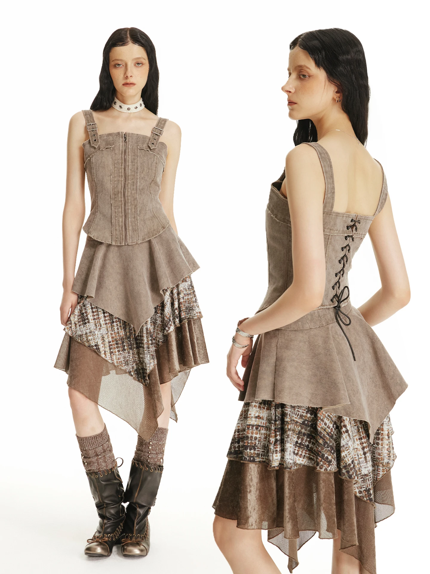 

Ретро-комплект из состаренной замши для женщин: асимметричная юбка и топ на бретельках. Модный комплект из двух предметов в стиле Spicy Girl.