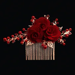 Red Flower Hair Combs for Bride Chinese Wedding Hair Jewelry Handmade Beaded Hairpins Side Clips Women Girls Party Hair Jewelry