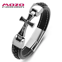 Religious Bangles for Men, Classic Leather Jesus Bracelet, Stainless Steel Christ on the Cross, Catholic Jewelry Accessories