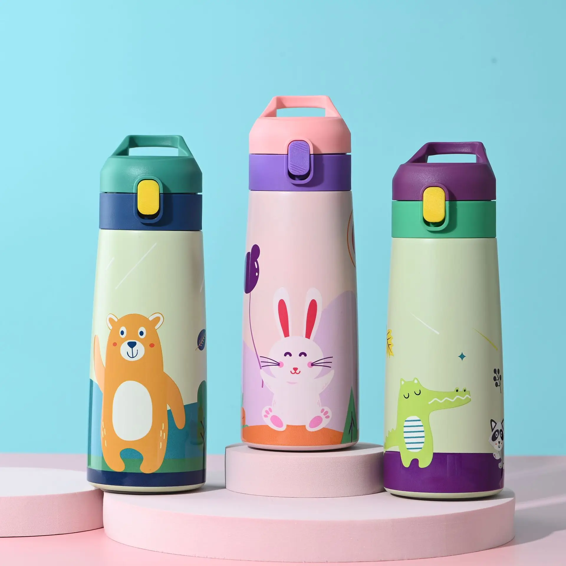 1pc 350ml 500ml Kids Stainless Steel Straw Thermos Mug with Case Cartoon Leak-Proof Children Thermal Water Bottle Birthday Gift