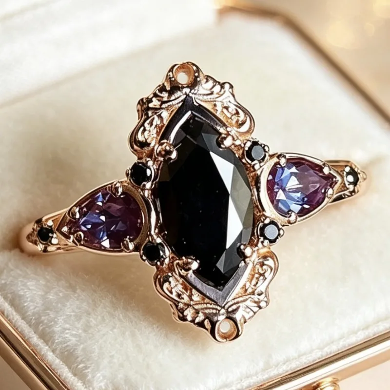 Jianjie Retro Middle Ages Marquise Black Zirconia Rings for Women Dainty Rose Gold Classic Palace Fashion Jewelry Accessories