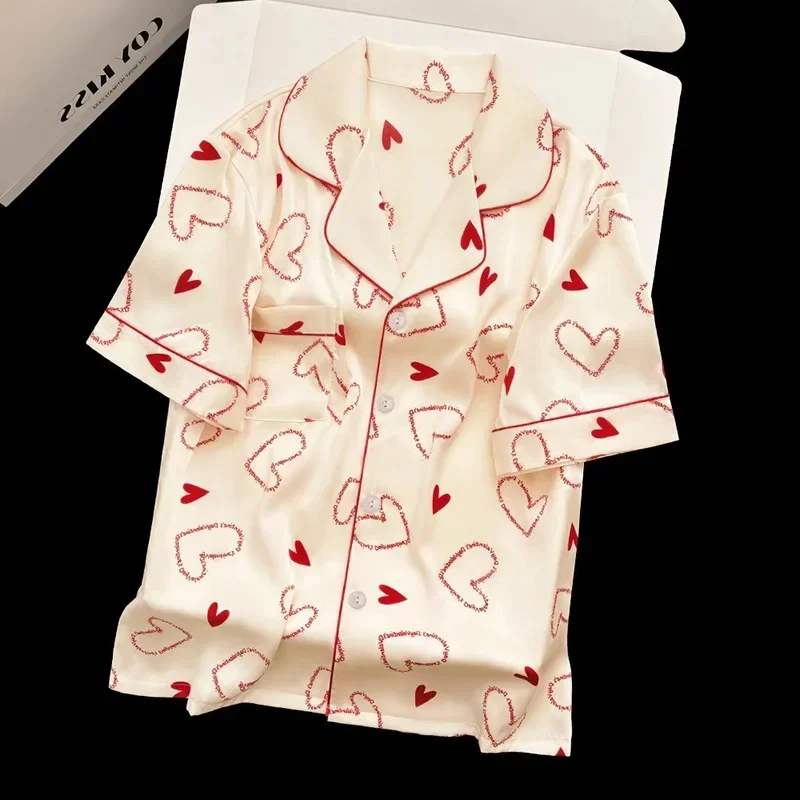 صيف جديد المرأة بيجامة من الحرير الجليدي الكورية كبار الشعور بالضوء الفاخرة خطابات Ins قصيرة الأكمام السراويل الطويلة منامة فتاة مجموعة