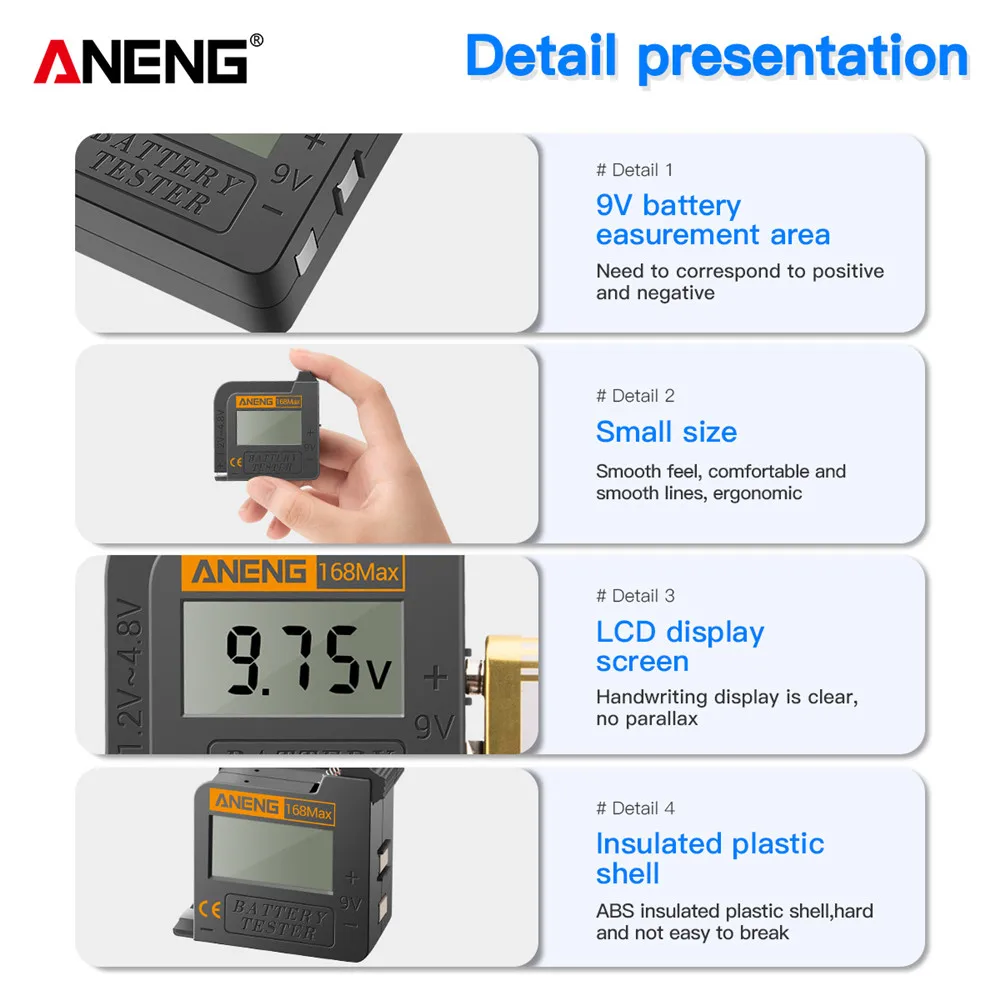 ANENG 168Max Digital Battery Universal Tester AA/AAA/1.5V/9V/C/D 3.7V Lithium Battery CR2032/LR44 Button Battery Testing Tools