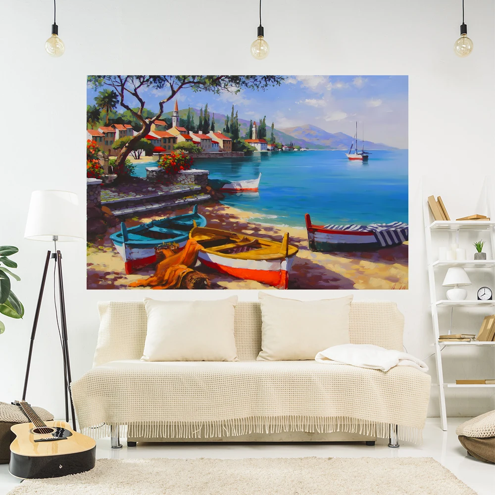 

XxDeco Landscape Oil Painting Tapestry Seaside City Printed Home Bedside Decoration Dormitory Backdrop Cloth Wall Hanging carpet