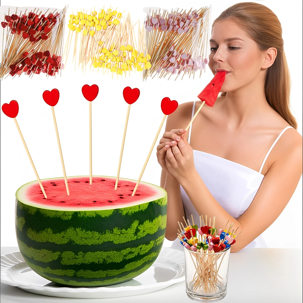 100 unidades/pacote coração flor bambu picareta buffet cupcake garfo de frutas festa sobremesa salada vara cocktail espeto para decoração de casamento