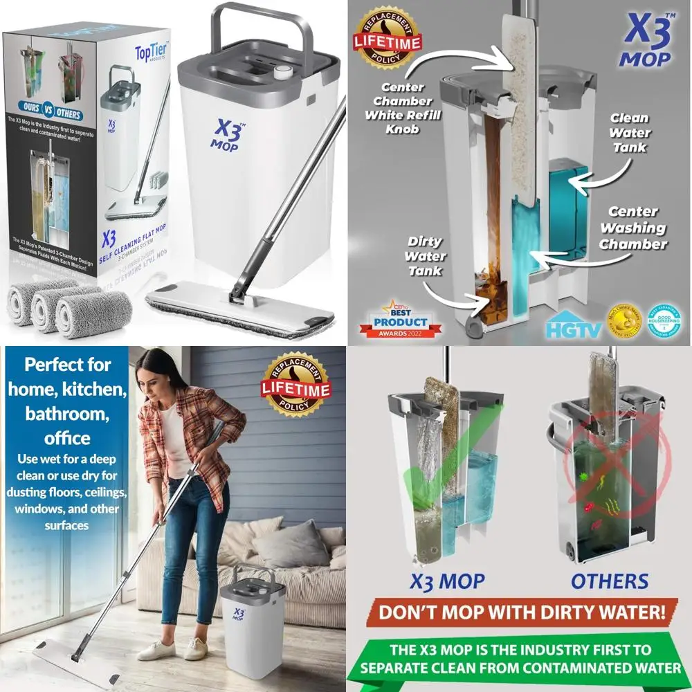 

3-Chamber Mop System with Separate Dirty and Clean Water, Flat Mop and Bucket, Hands-Free Floor Cleaning, Reusable Microfiber Pa