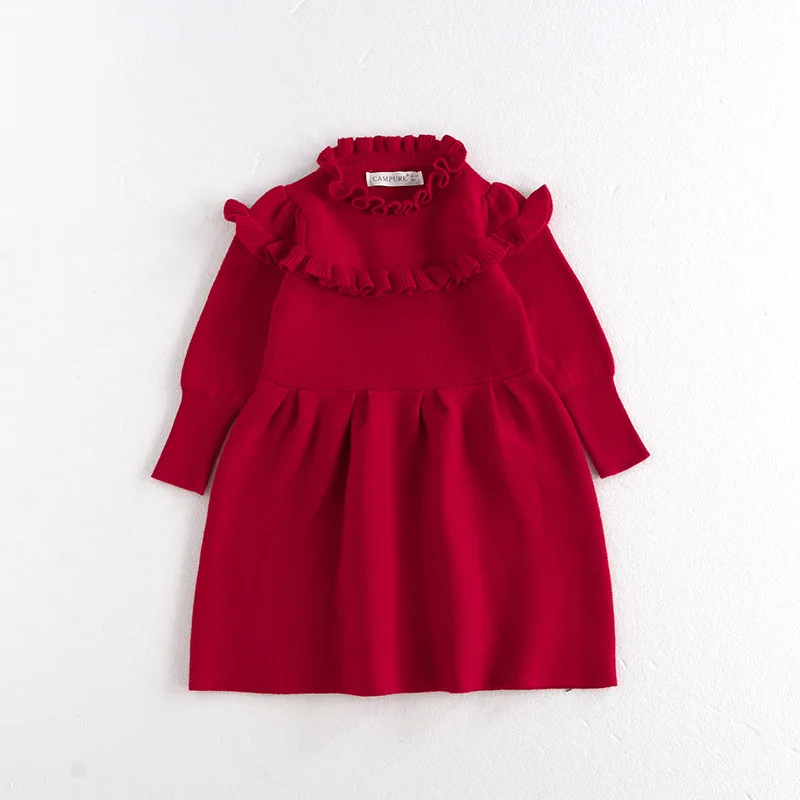 

MILANCEL 2-8 Y Kids Dress Children Red Dress Ruffle Collar Girls Knit A Line Dress Girls Knitwear