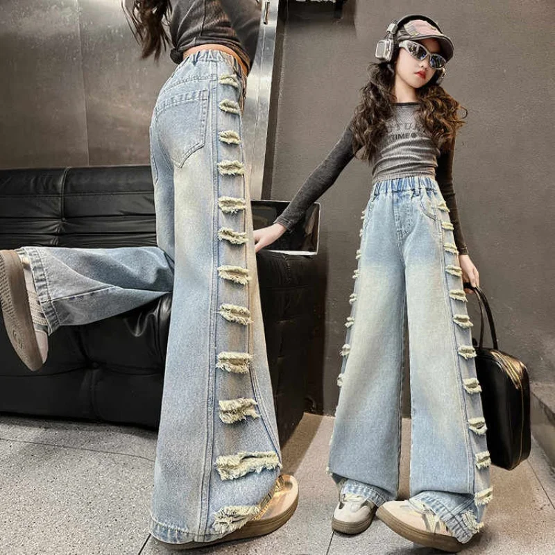 Jeans para meninas, jovens jovens com costura lateral azul rasgada moda calças largas para primavera e outono