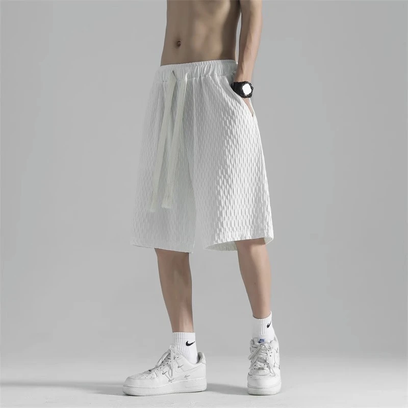 

Мужские летние тонкие широкие брюки из ледяного шелка с текстурой, белые, спортивные, до середины икры, повседневные, прямого кроя, длиной до колена