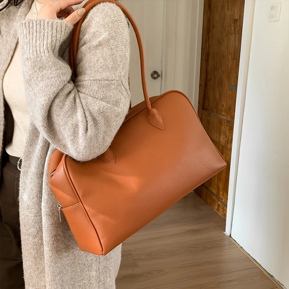 

Vintage Faux Leather Boston Tote Bag, Large Capacity Lightweight Shoulder Handbag for Work & Daily Outings