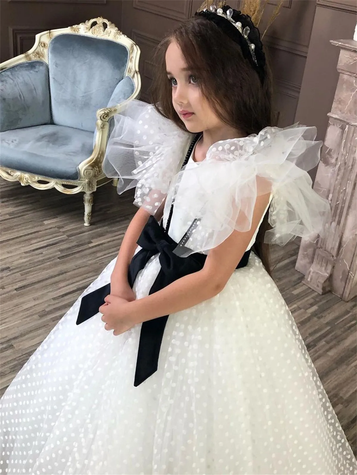 Vestido de niña de flores con lazo negro para boda, tul esponjoso hasta el suelo, vestidos elegantes para fiesta de cumpleaños eucarísticos para niños