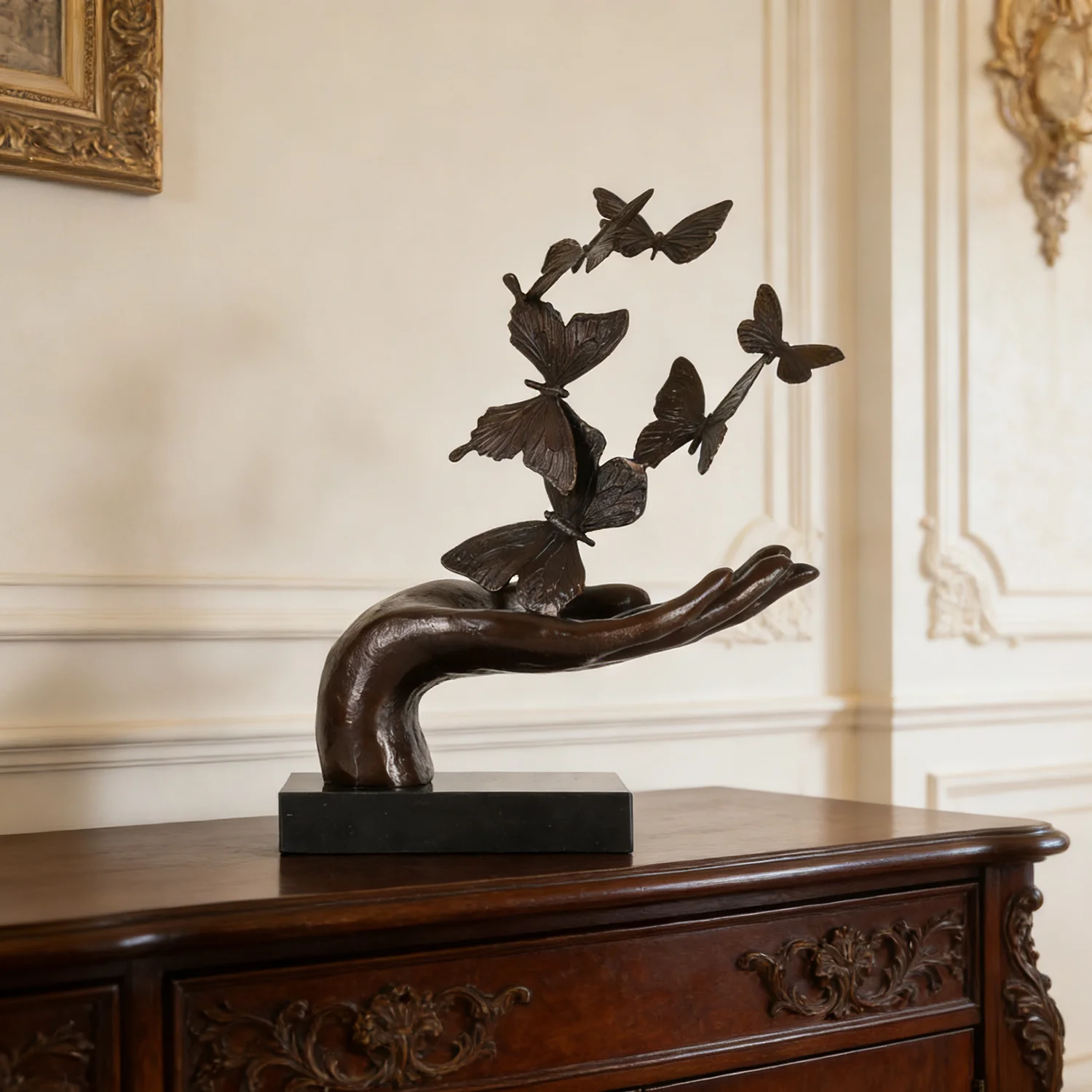 Bronze Butterflies in Hand Statue Abstract Sculpture Art Handmade Gorgeous Home Office Decoration Gift