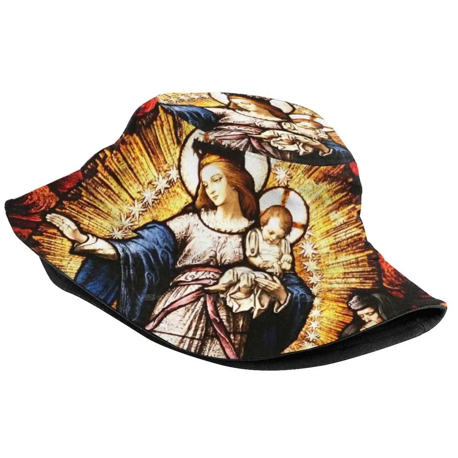 The Virgin Mary Bucket Hat Beach Tourism Hats Breathable Sun Cap Jesus Catholic Religion Stained Glass Mother Virgin Mary