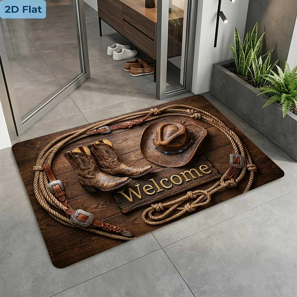 Paillasson de bienvenue Western Cowboy, motif vintage planche de bois, chapeau de cowboy, bottes, corde de lasso, antidérapant, lavable, pour entrée principale