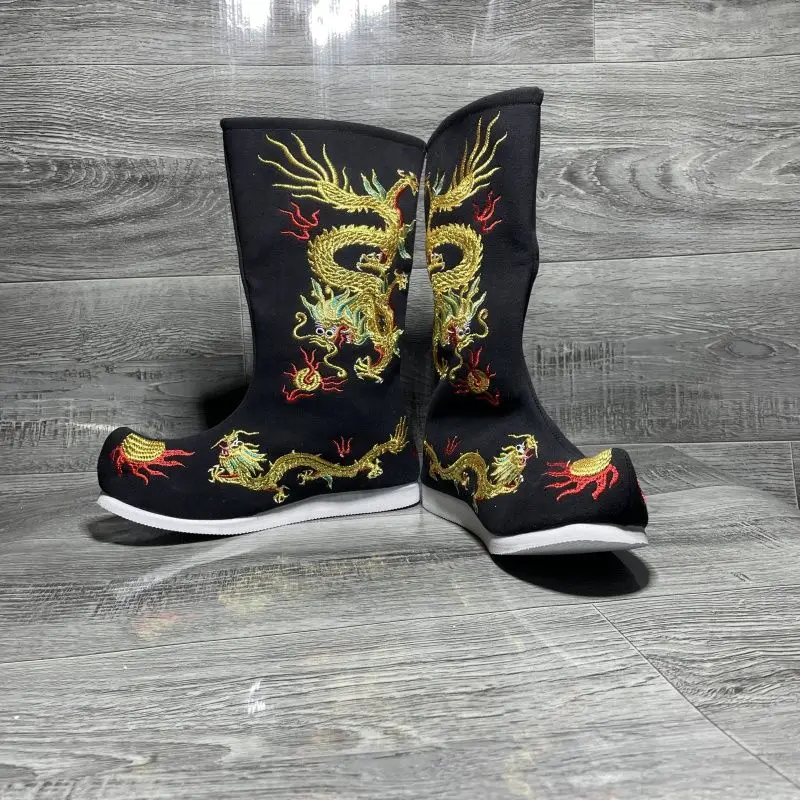 Buty z czarnym smokiem Opera chińska Buty cesarskie dla dorosłych Płaskie buty do zabawy filmowej na scenie Buty z haftem