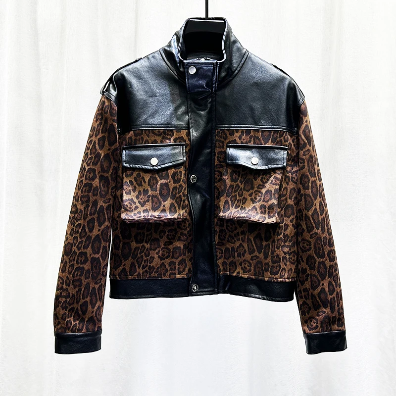 PFHQ Retro Leopard Men\'s Print Jacket Personalized Design Spliced PU Leather Short Imitation Suede Coat Patchwork 21Z7553