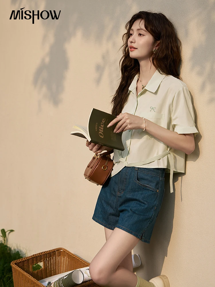 MISHOW Same Color Bow Embroidered Shirt Summer 2024 Lapel Collar Asymmetric Hem 100 Cotton Casual Short Sleeved Top MXD23C0257