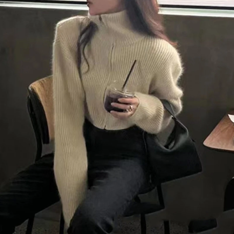 خريف موضة جديدة محبوك البلوزات بأكمام طويلة الشتاء سستة بالأزرار الياقة المدورة المرأة سترة قصيرة فضفاضة بلايز عادية